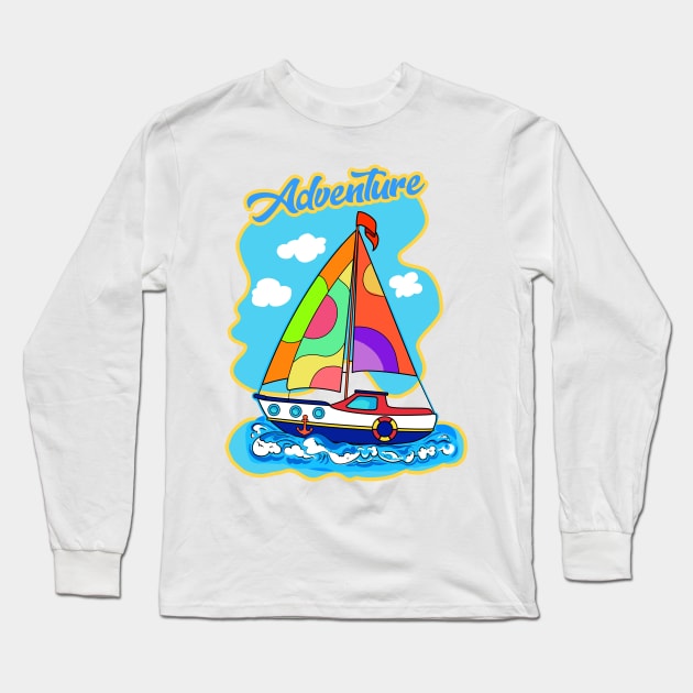 Adventure. Summer Travel in a boat with sails, Beautiful Sea, Sky, blue boat with sail illustration. Gifts for boy. Cartoon, cute ship Long Sleeve T-Shirt by sofiartmedia